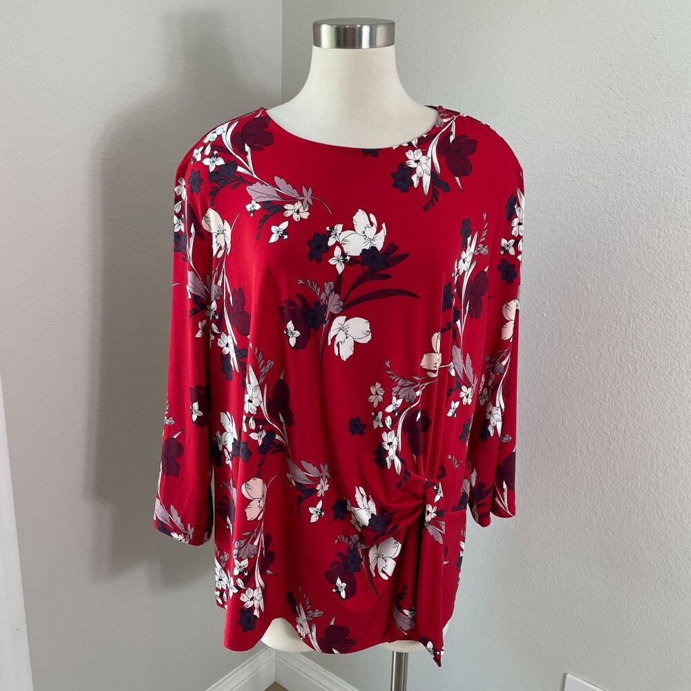 Liz Claiborne Womens Plus 2X Red Floral 3/4‎ Sleeve Front Knot Tunic Top Shirt